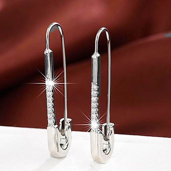 Silver Zircon Safety Pin Earrings, Minimalist, Punk, Gift For Teenager - Picture 2 of 9